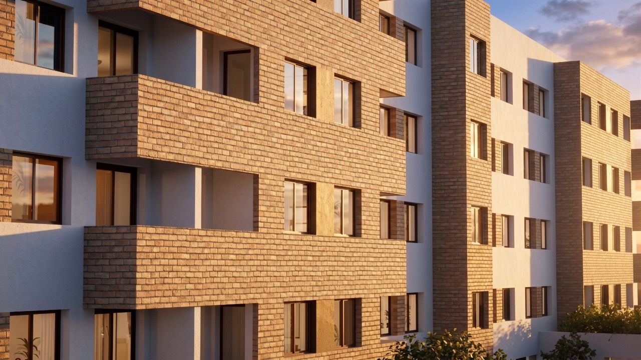 Render zgrade Luma Residence u zalasku sunca: fasada od cigle sa balkonima i belim površinama