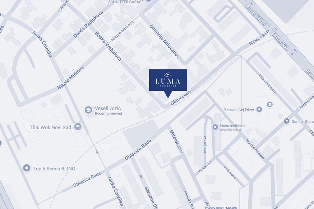 Mapa sa oznakom lokacije Luma Residence na uglu ulica Oblačića Rada i Boška Vrebalova